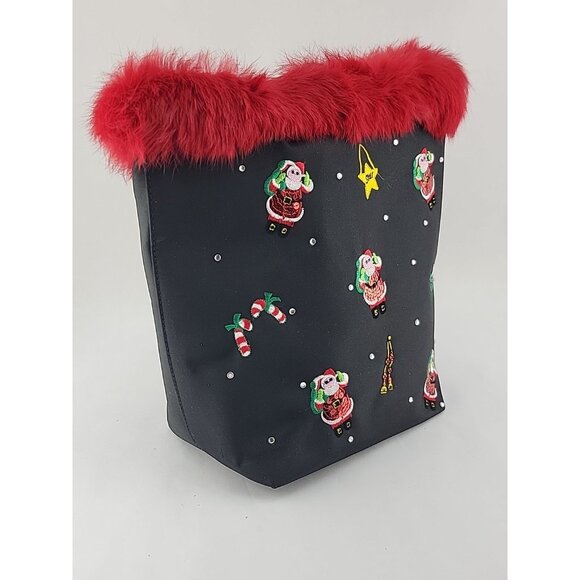VTG Christmas Holiday Tote Bag Black Red Faux Fur Trim Embroidered Santa Sequin - Picture 11 of 14